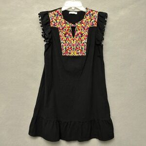 Kirundo Dress Women's L Embroidered Pom Pom Flutter Sleeves Black Colorful Party